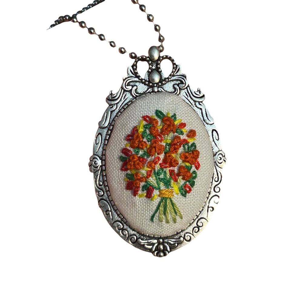 Handmade Embroidery Red/Orange Wildflower Bouquet Botanical Pendant / Broach